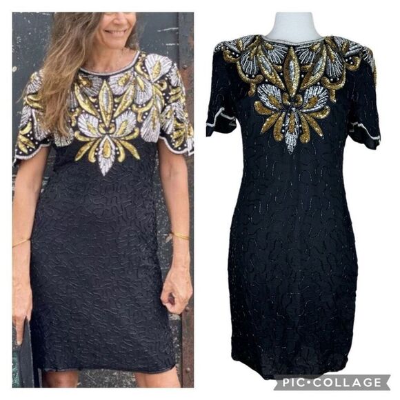 Vintage 80s Denise Elle Black Beaded Sequin Silk Evening Dress Sheath Size Small - Picture 1 of 10
